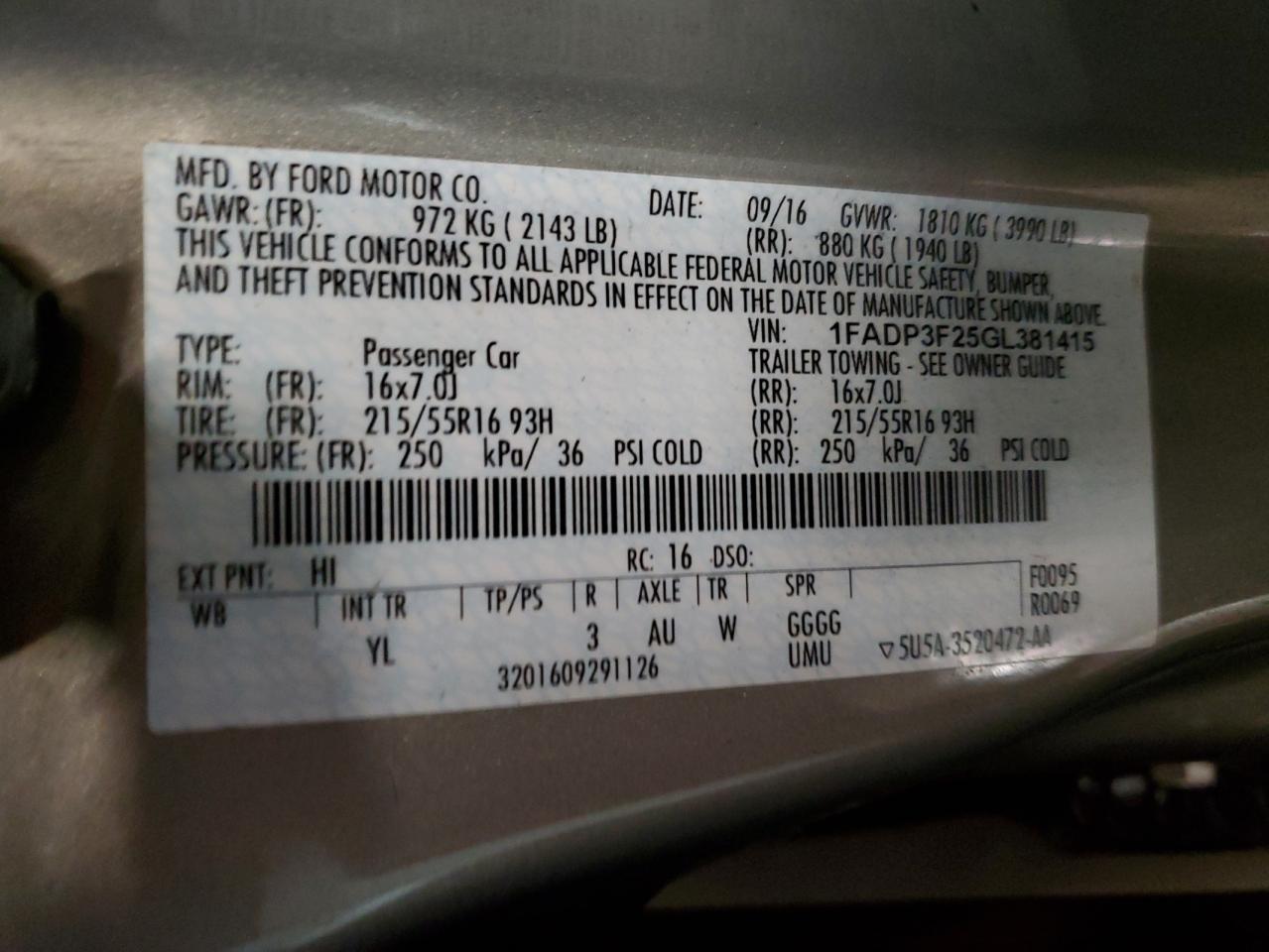 1FADP3F25GL381415 FORD FOCUS 2016