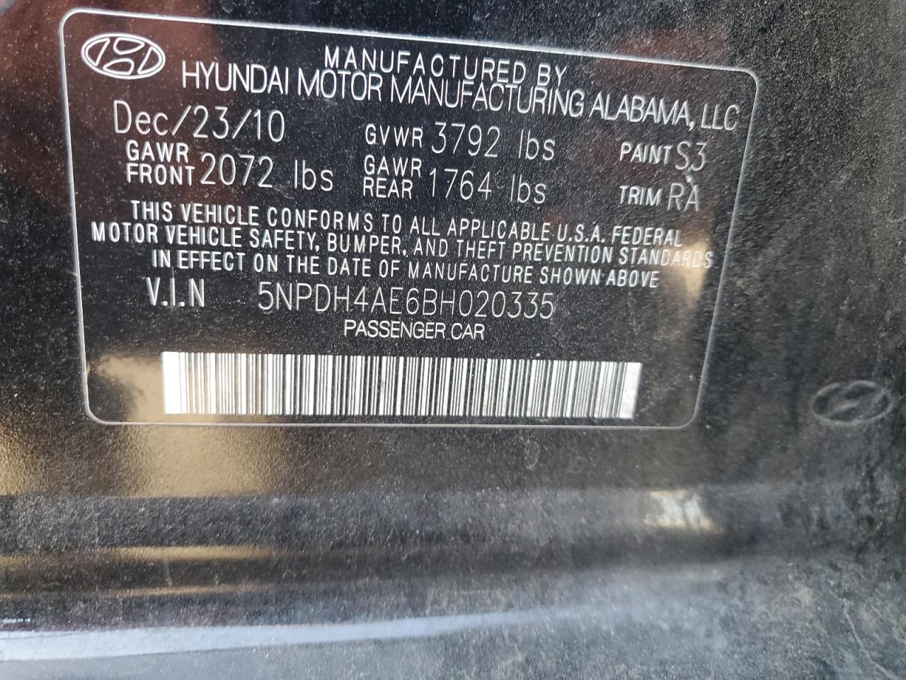 5NPDH4AE6BH020335 2011 Hyundai Elantra Gls