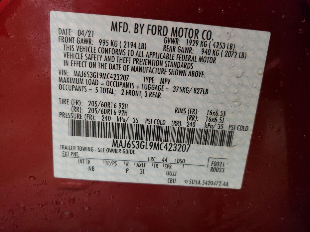 MAJ6S3GL9MC423207 FORD ECOSPORT 2021