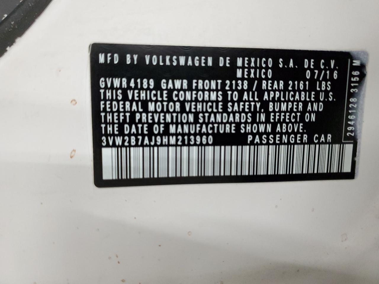 3VW2B7AJ9HM213960 2017 Volkswagen Jetta S