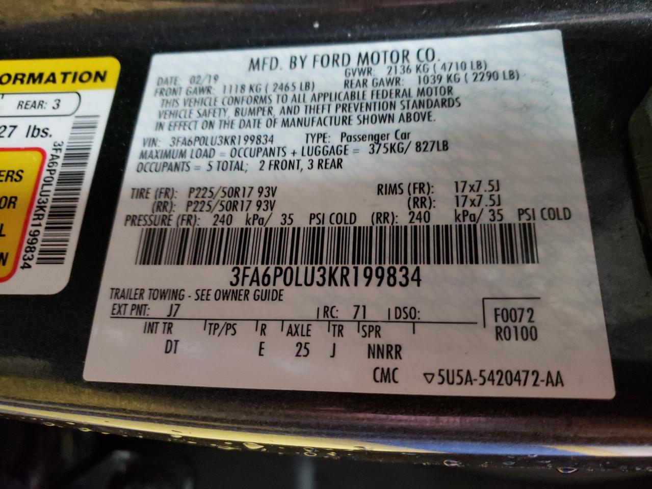 3FA6P0LU3KR199834 FORD FUSION 2019