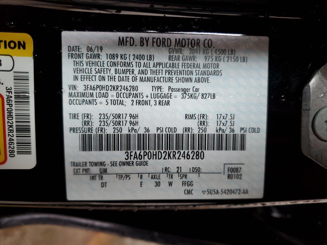 3FA6P0HD2KR246280 FORD FUSION 2019