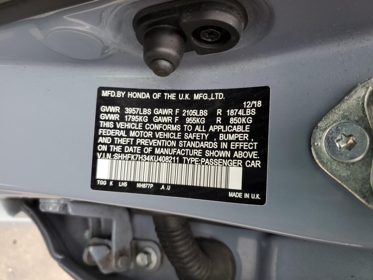 SHHFK7H34KU408211 HONDA CIVIC 2019