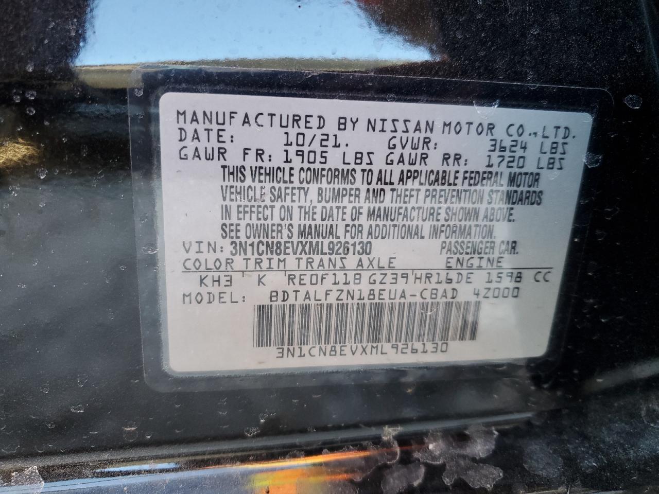 3N1CN8EVXML926130 NISSAN VERSA 2021