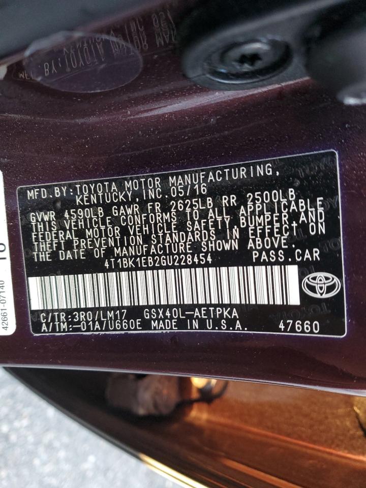 4T1BK1EB2GU228454 TOYOTA AVALON 2016