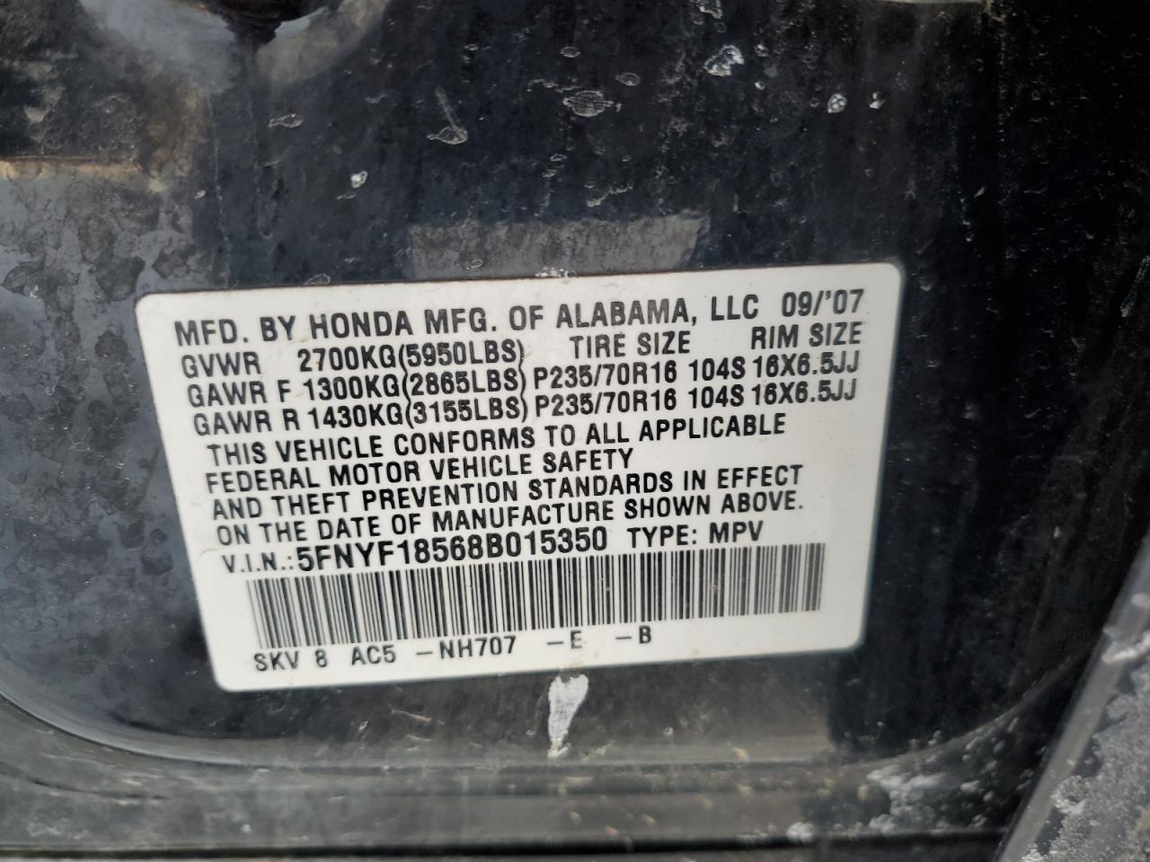 5FNYF18568B015350 2008 Honda Pilot Exl