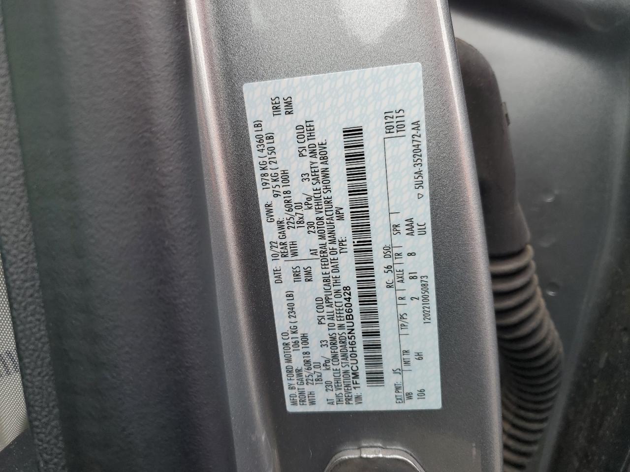 1FMCU0H65NUB60428 FORD ESCAPE 2022