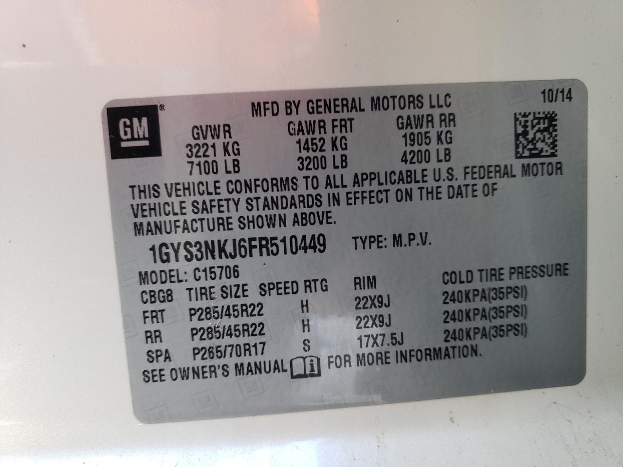 1gys3nkj6fr510449 1GYS3NKJ6FR510449 2015 Cadillac Escalade Premium