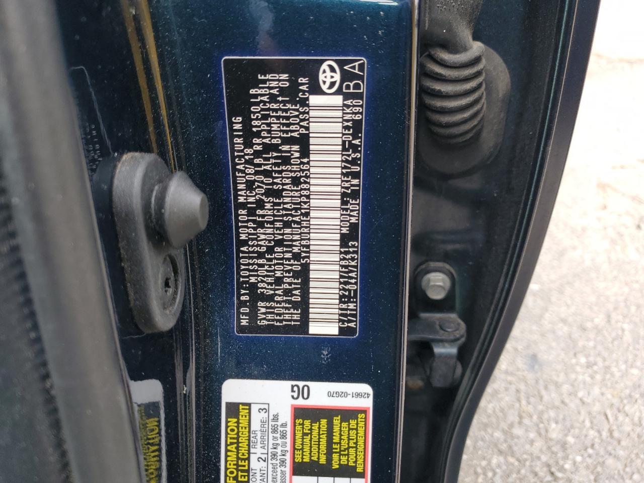 5YFBURHE1KP882564 TOYOTA COROLLA 2019