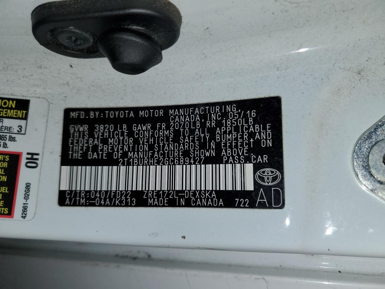 2T1BURHE2GC689427 TOYOTA COROLLA 2016