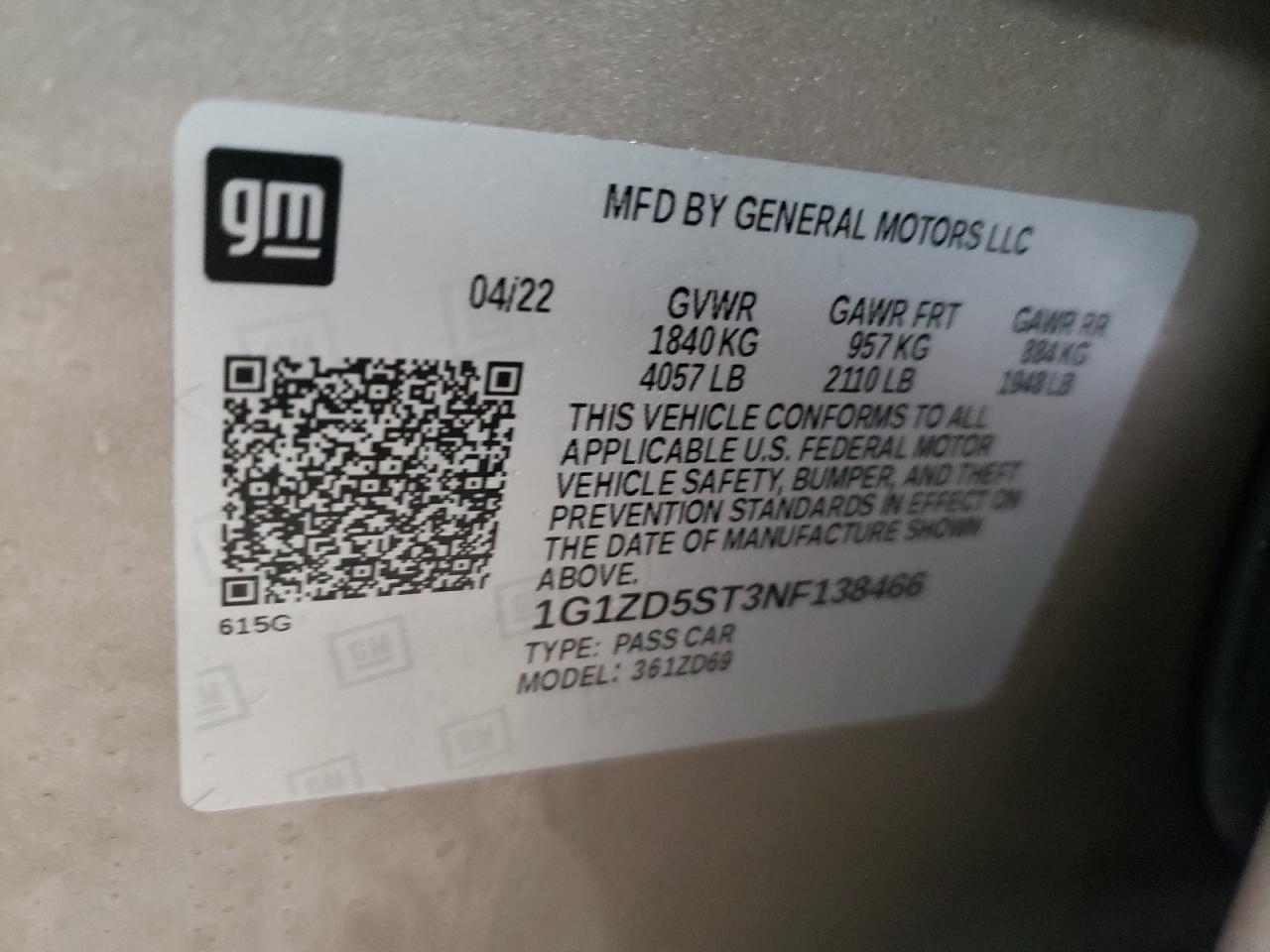 1G1ZD5ST3NF138466 CHEVROLET MALIBU 2022