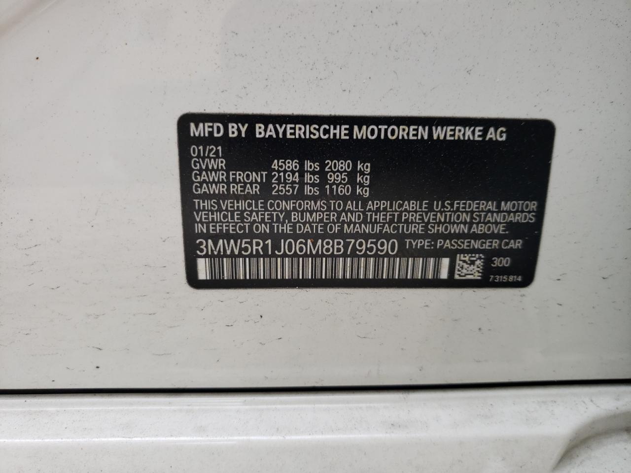 3MW5R1J06M8B79590 2021 BMW 330I