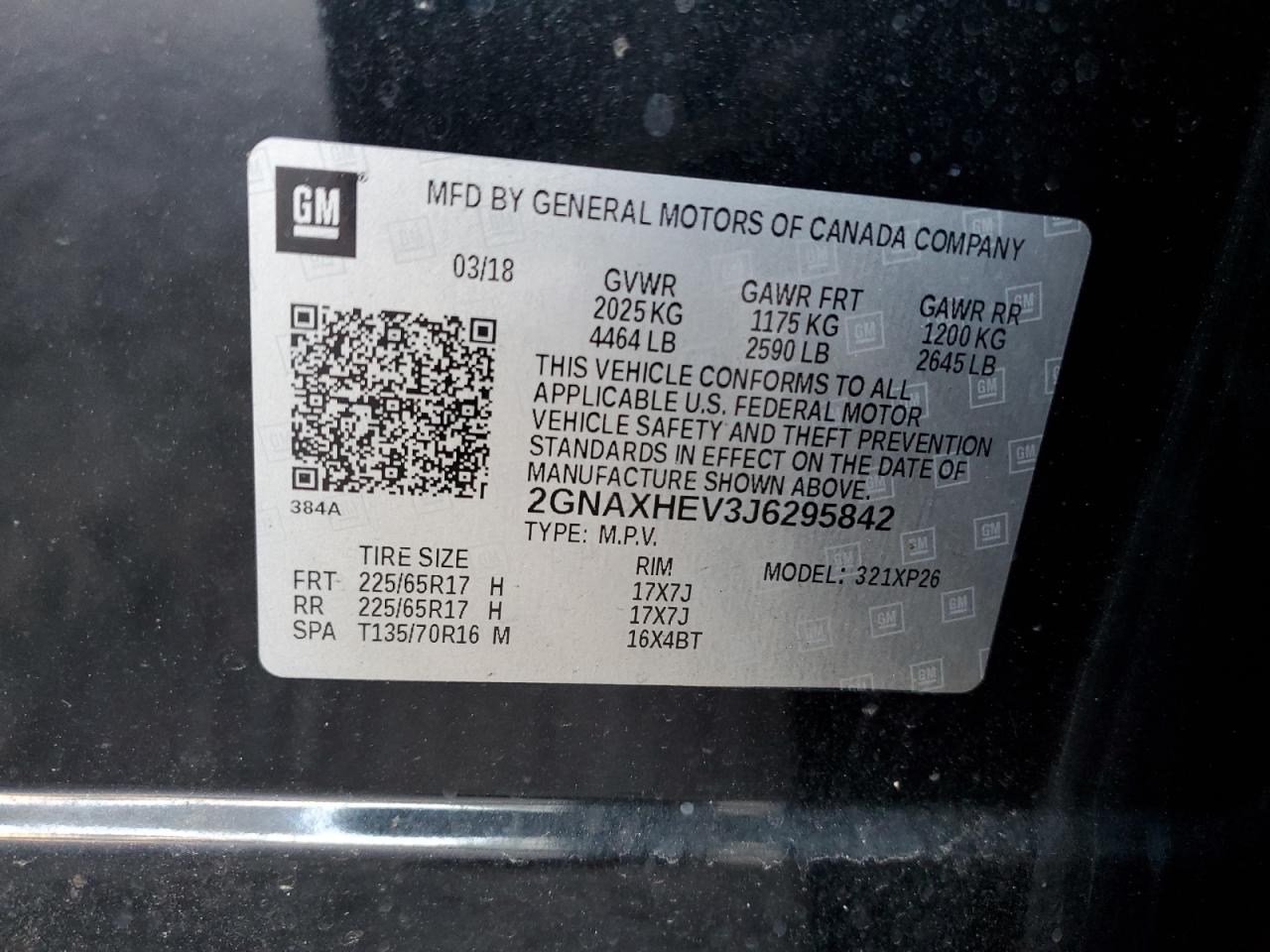 2GNAXHEV3J6295842 CHEVROLET EQUINOX 2018