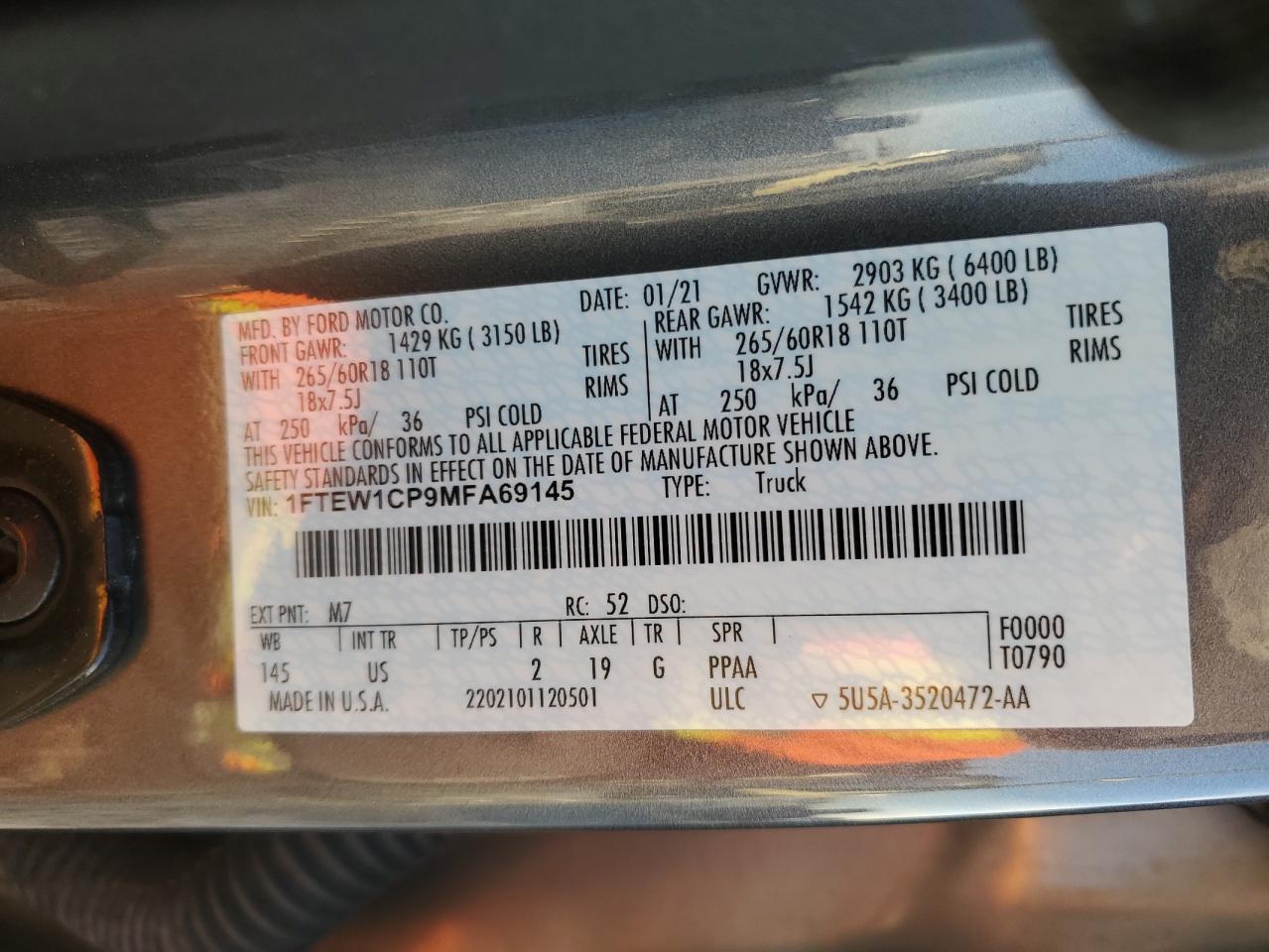 1FTEW1CP9MFA69145 FORD F-150 2021
