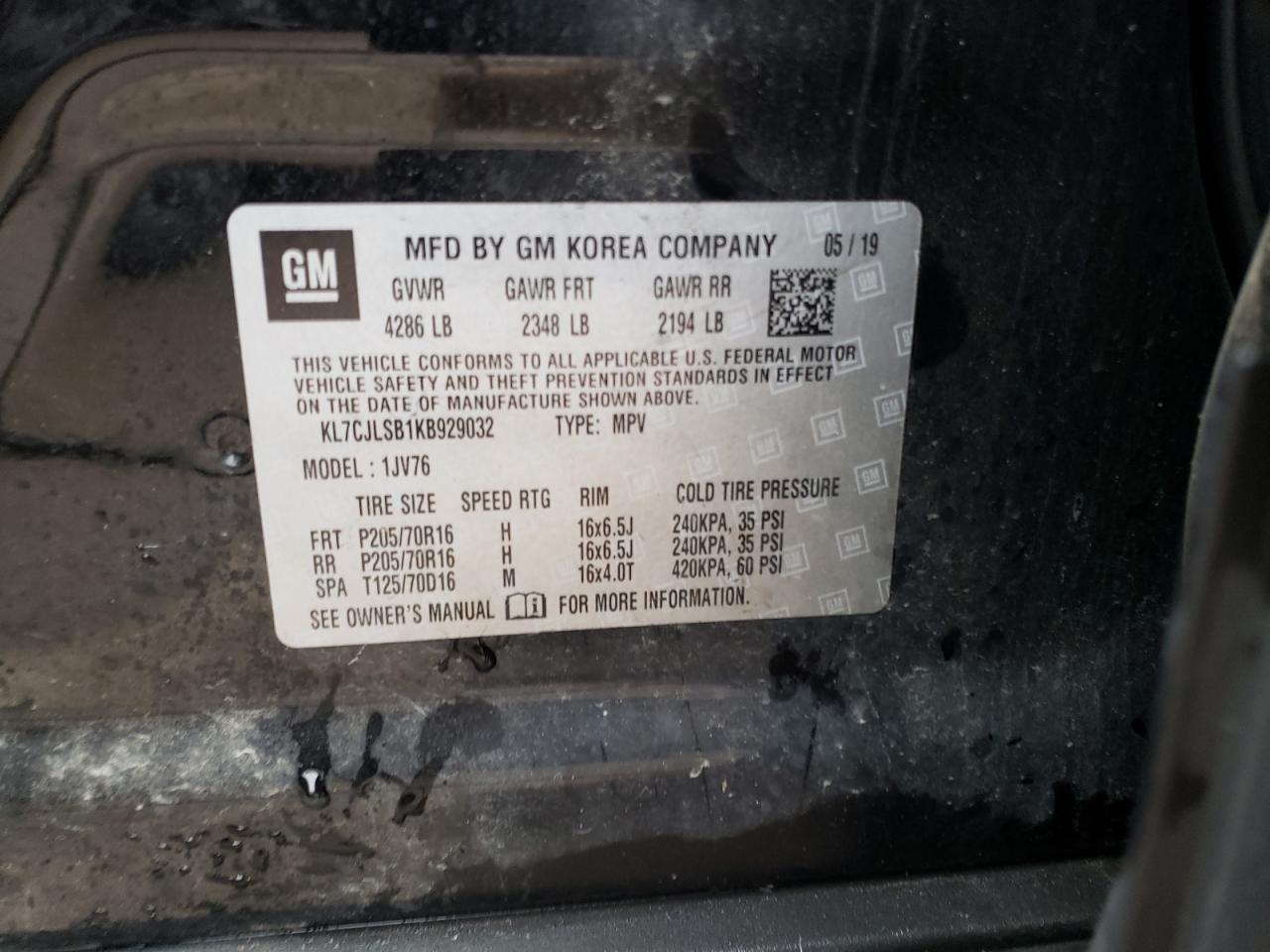 KL7CJLSB1KB929032 CHEVROLET TRAX 2019