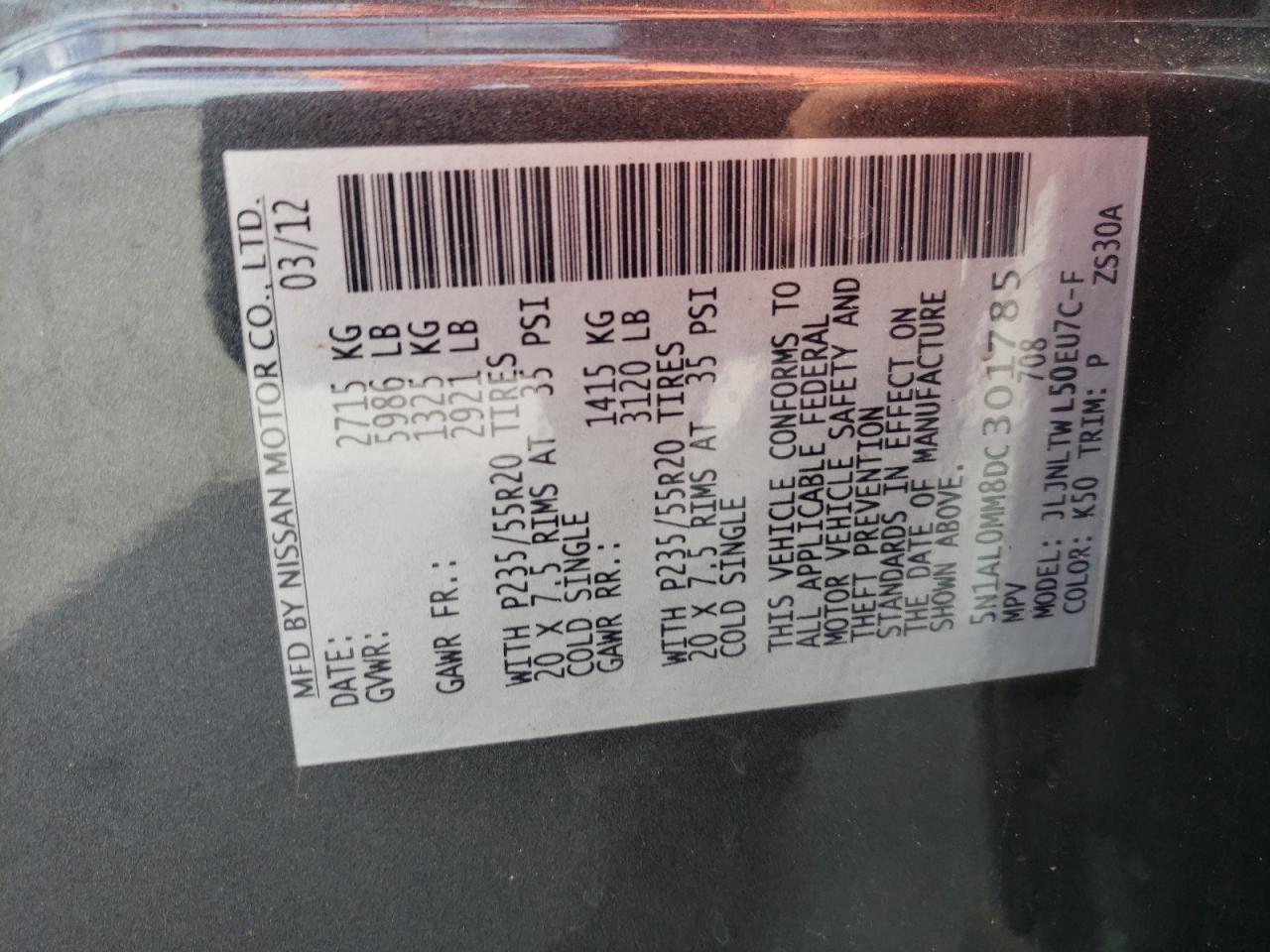 5n1al0mm8dc301785 5N1AL0MM8DC301785 2013 Infiniti Jx35