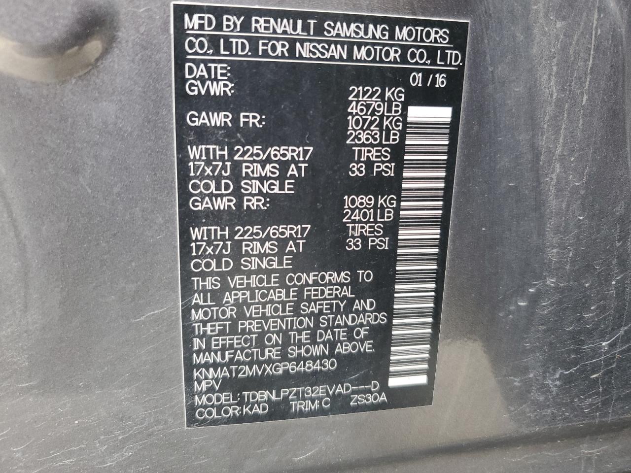 KNMAT2MVXGP648430 NISSAN ROGUE 2016