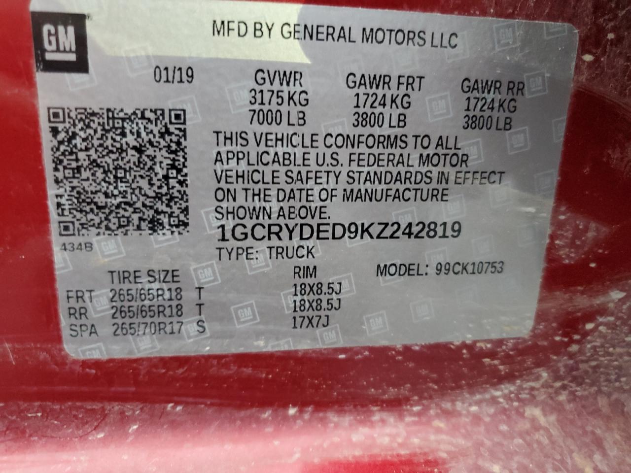 1GCRYDED9KZ242819 CHEVROLET ALL Models 2019