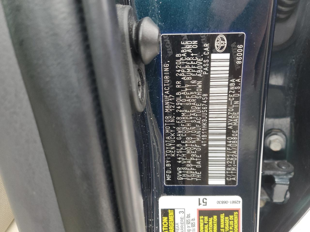 4T1B11HK9JU567458 TOYOTA CAMRY 2018