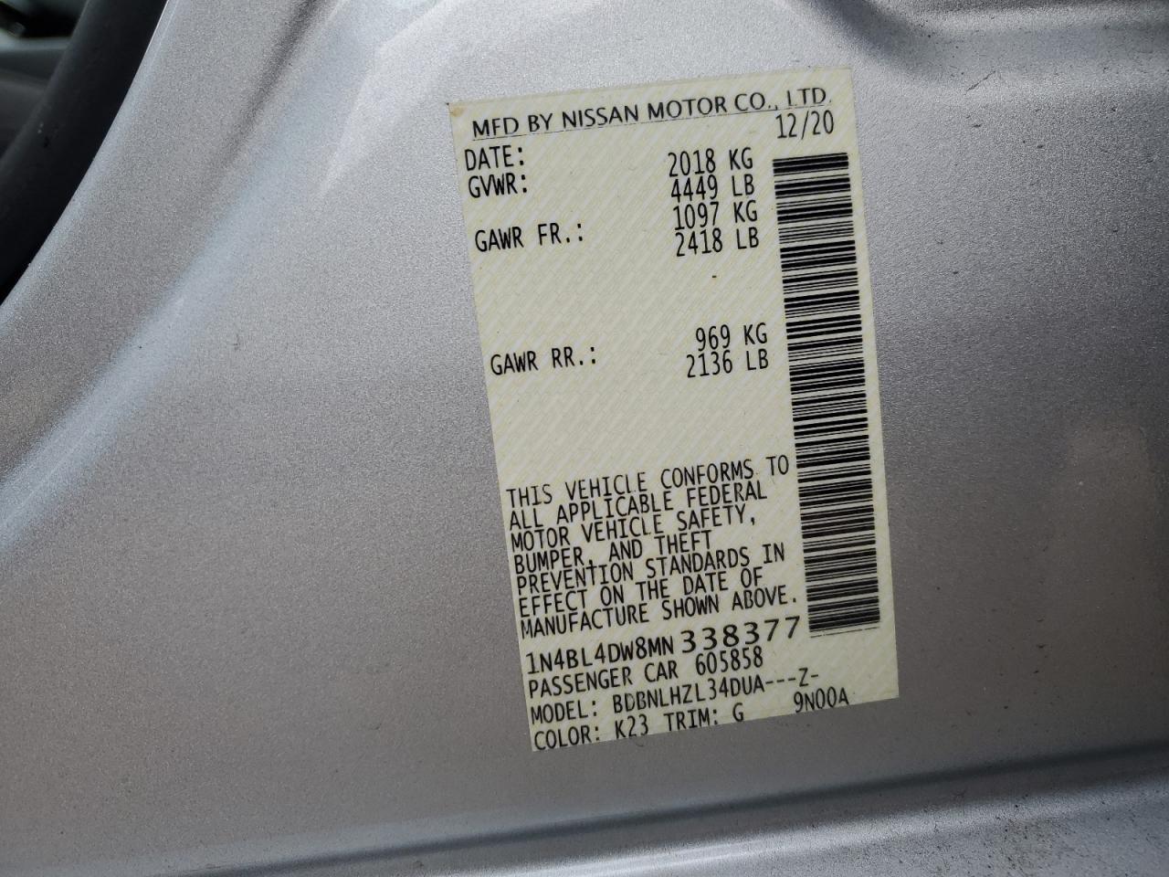 1N4BL4DW8MN338377 NISSAN ALTIMA 2021
