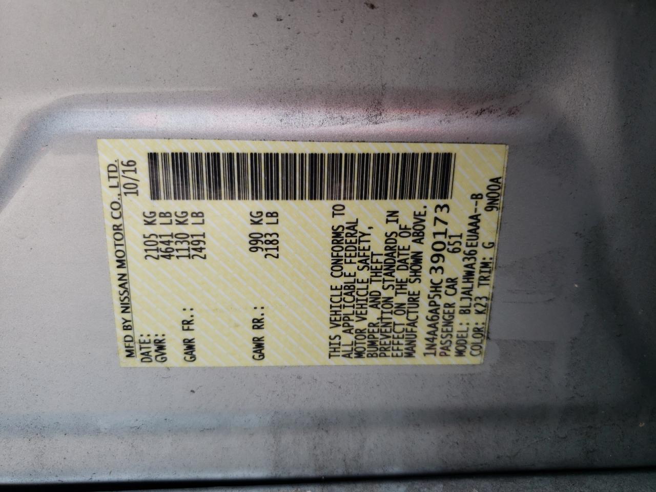 1N4AA6AP5HC390173 NISSAN MAXIMA 2017