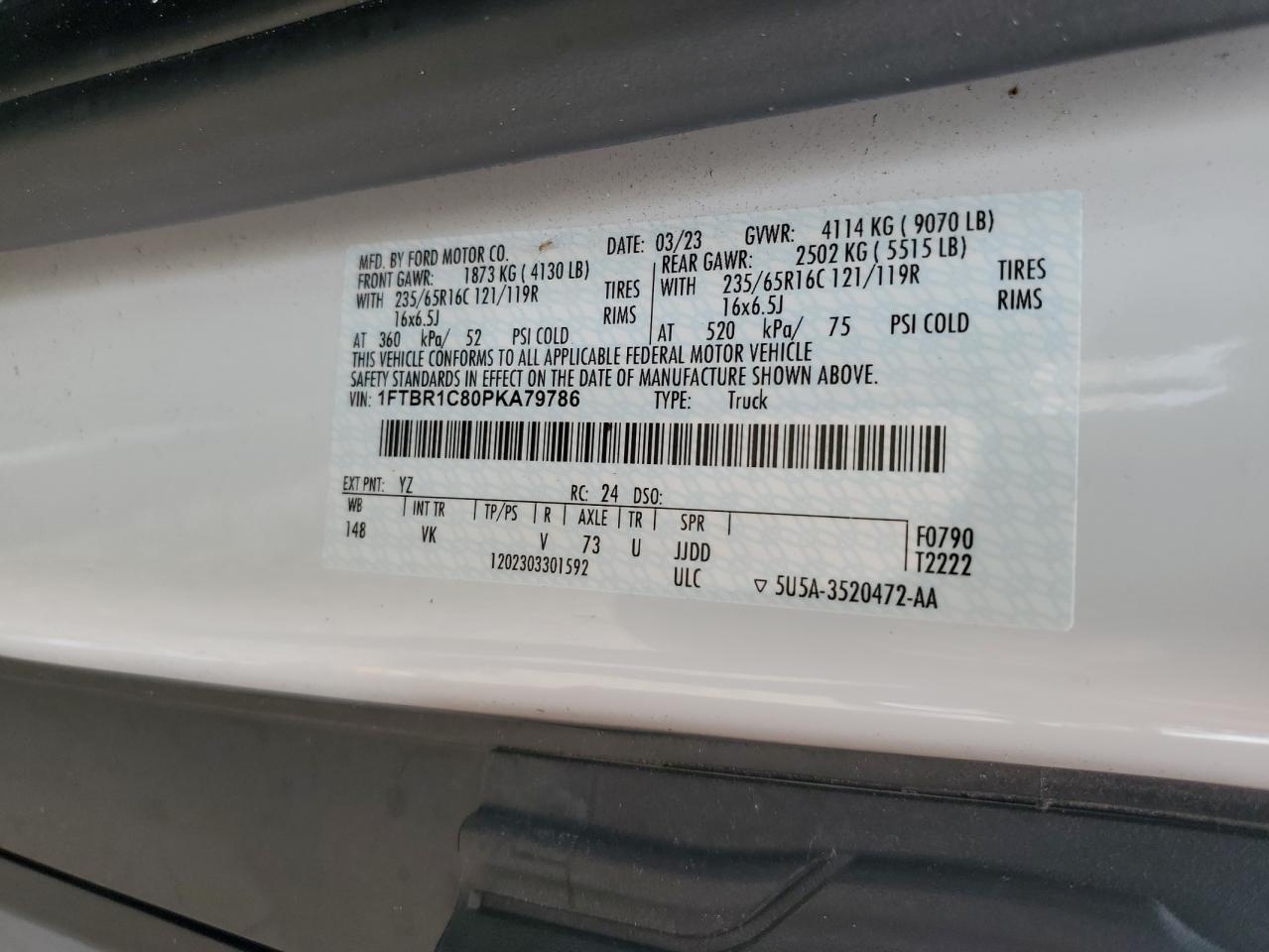 1FTBR1C80PKA79786 FORD TRANSIT 2023