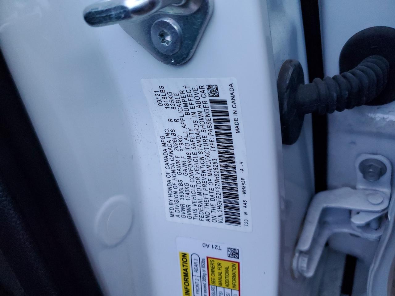 2HGFE2F27NH528283 HONDA CIVIC 2022
