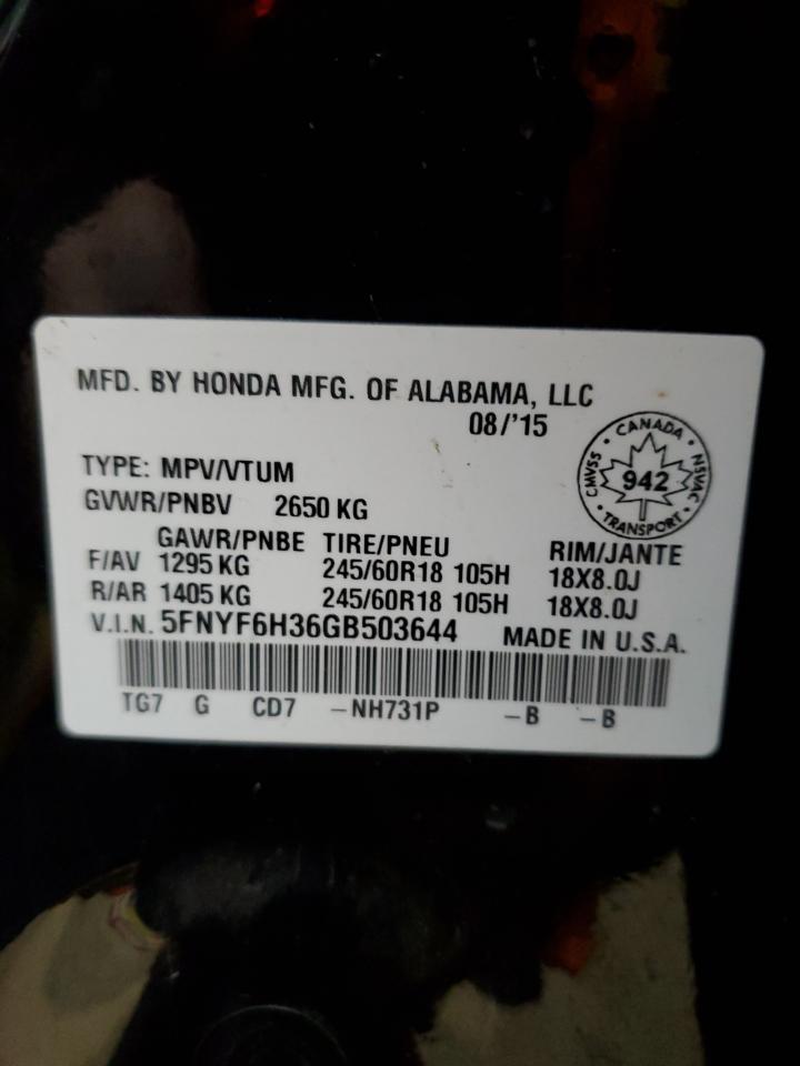 5FNYF6H36GB503644 HONDA PILOT 2016