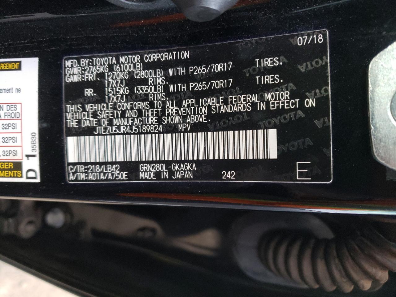 JTEZU5JR4J5189824 TOYOTA 4RUNNER 2018
