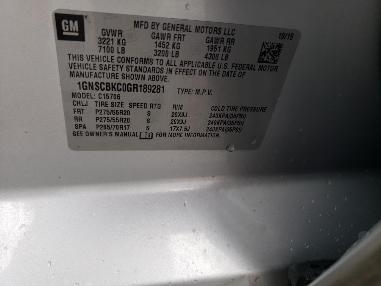 1GNSCBKC0GR189281 CHEVROLET TAHOE 2016