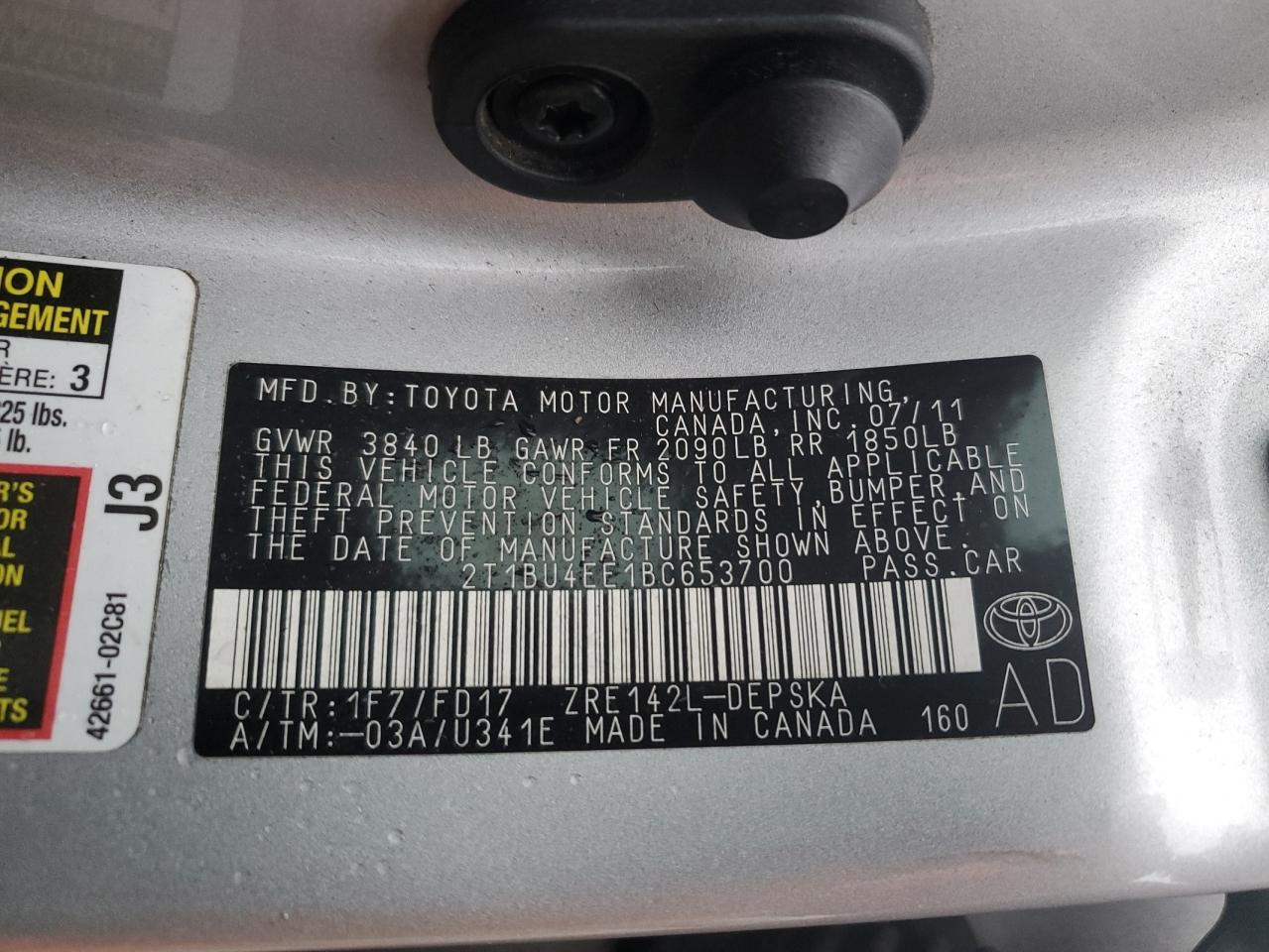 2T1BU4EE1BC653700 2011 Toyota Corolla S