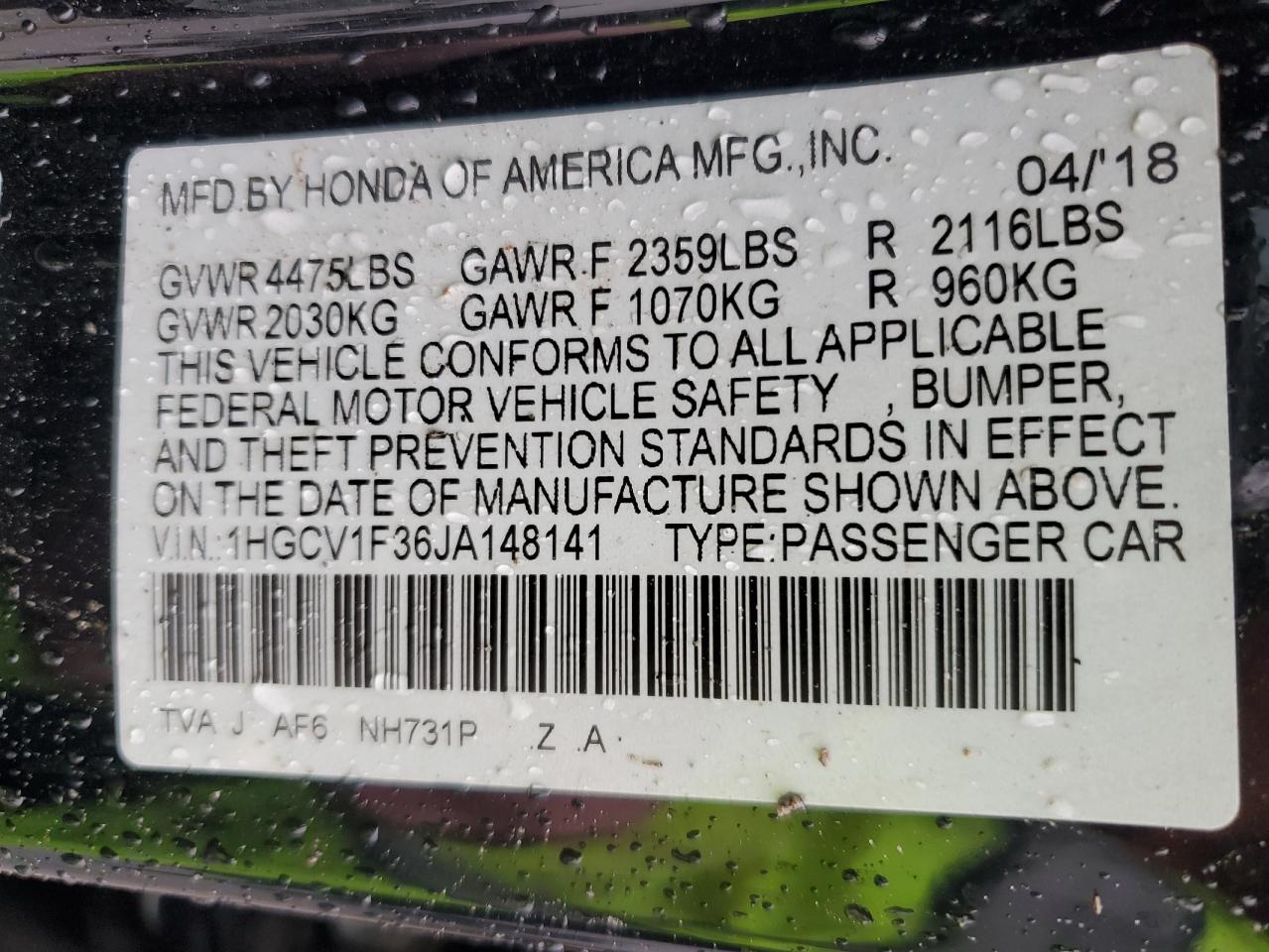 1HGCV1F36JA148141 HONDA ACCORD 2018