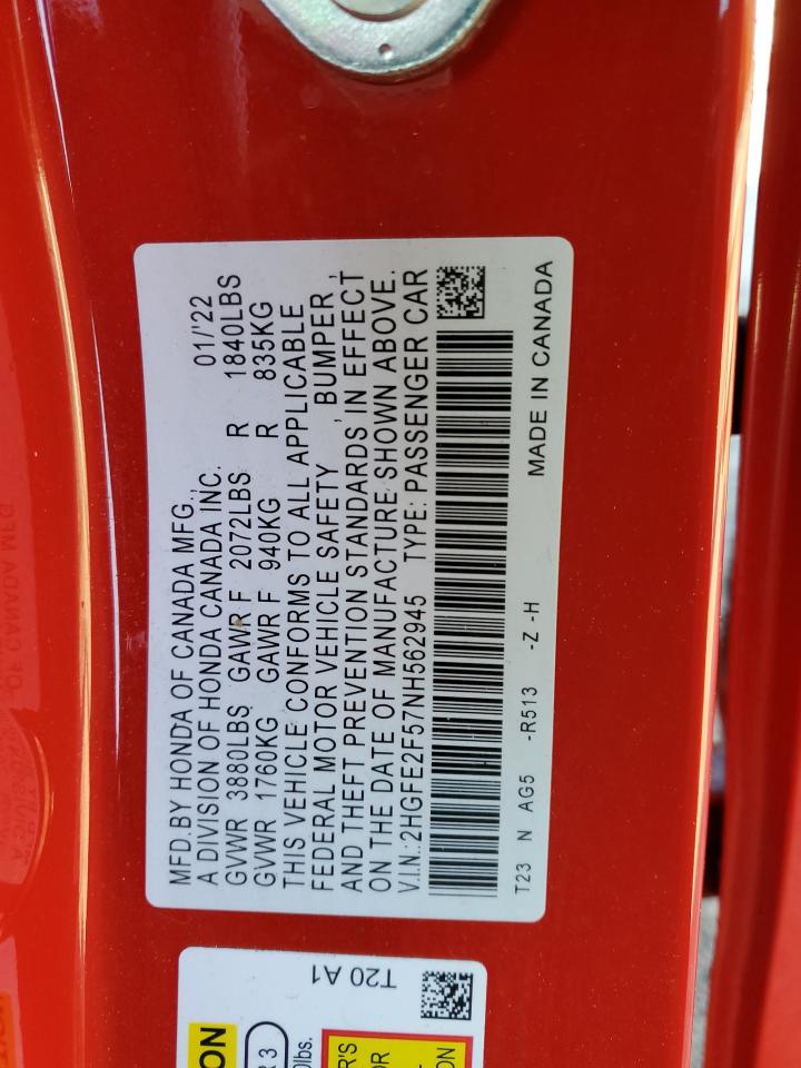 2HGFE2F57NH562945 HONDA CIVIC 2022
