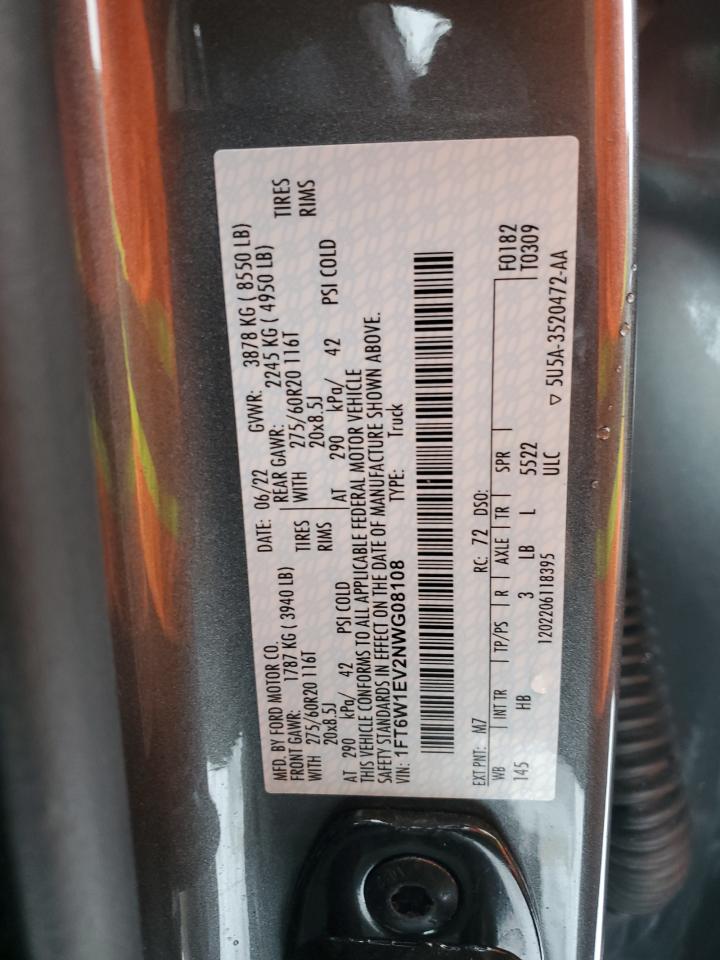 1FT6W1EV2NWG08108 FORD F150 LIGHT 2022