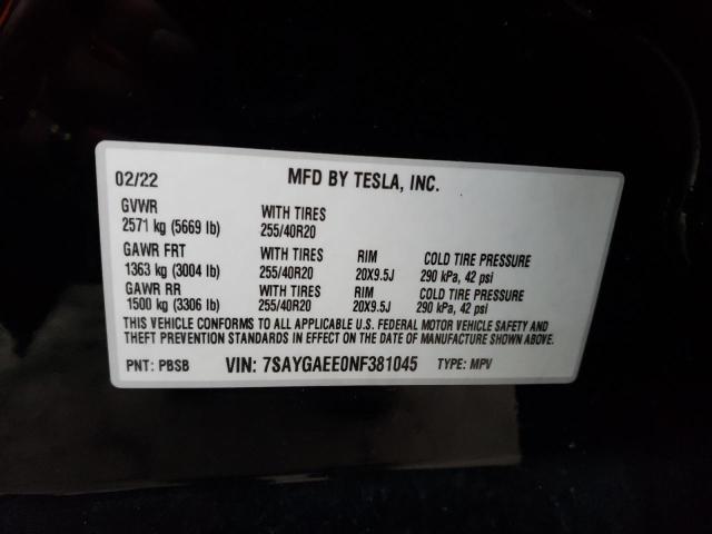 7SAYGAEE0NF381045 | 2022 TESLA MODEL Y