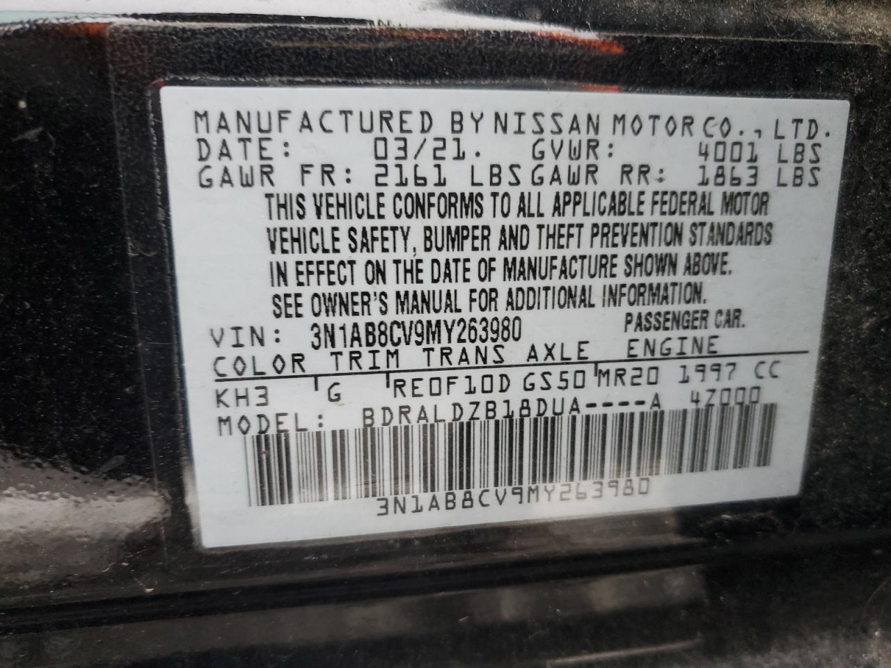 3N1AB8CV9MY263980 NISSAN SENTRA 2021