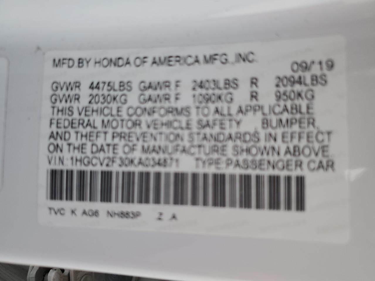 1HGCV2F30KA034871 HONDA ACCORD 2019