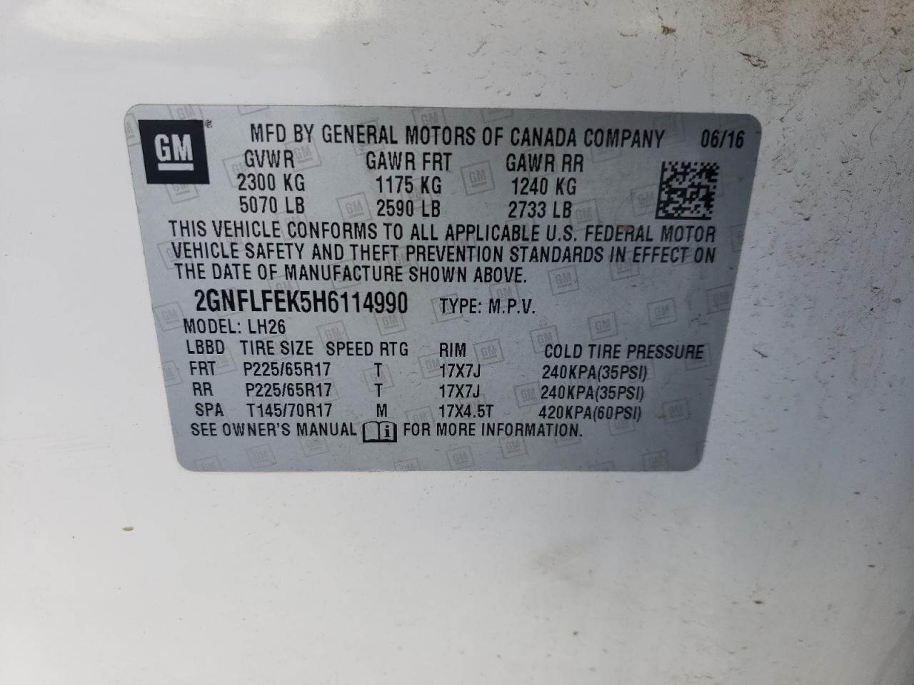2GNFLFEK5H6114990 CHEVROLET EQUINOX 2017
