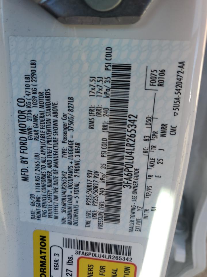 3FA6P0LU4LR265342 FORD FUSION 2020
