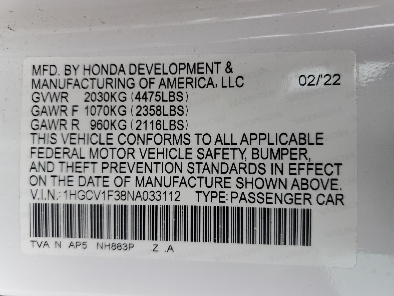 1HGCV1F38NA033112 HONDA ACCORD 2022