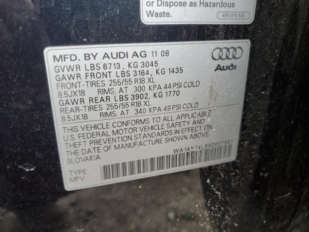 WA1AY74L99D027661 2009 Audi Q7 3.6 Quattro