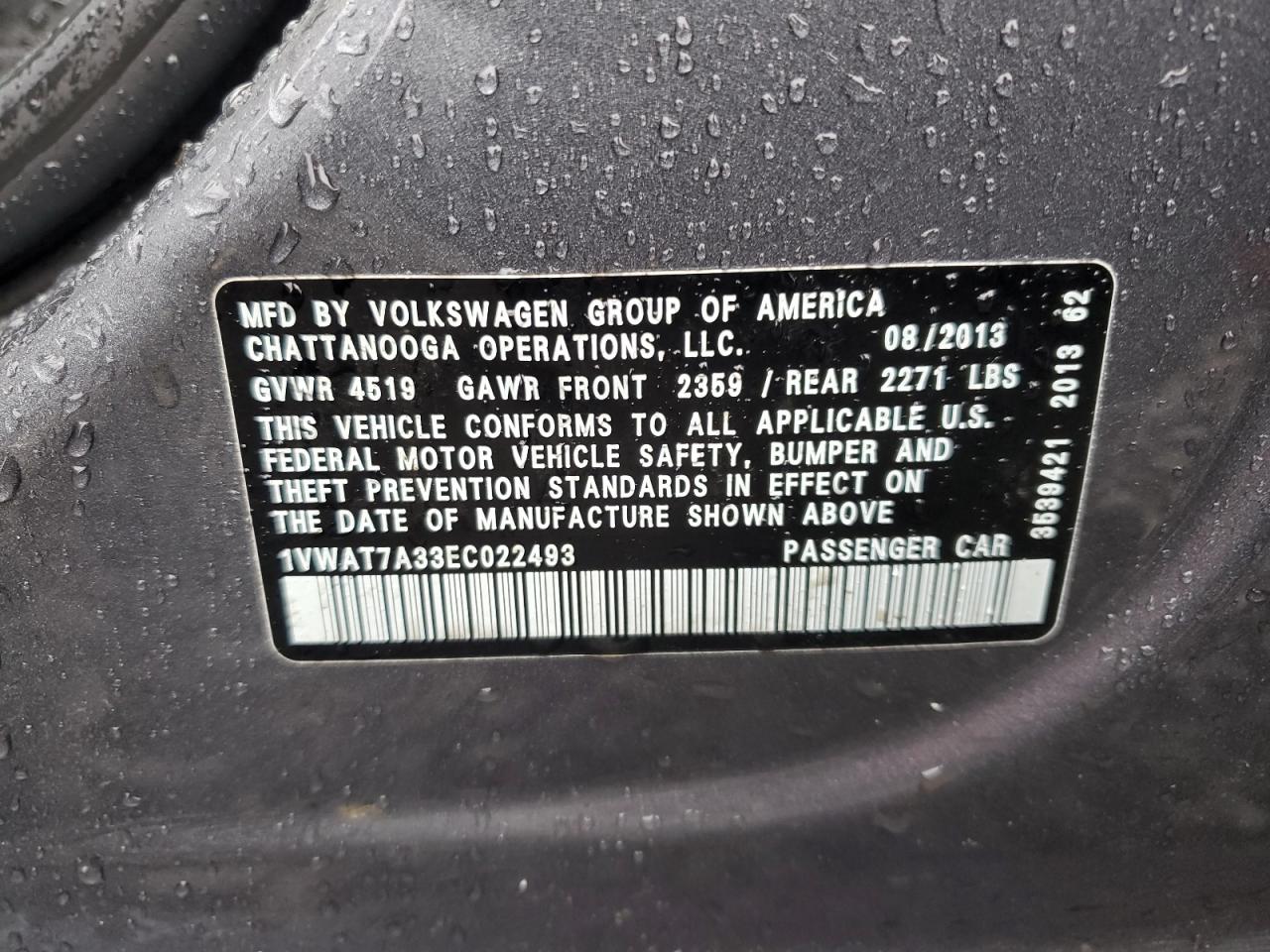 1VWAT7A33EC022493 2014 Volkswagen Passat S