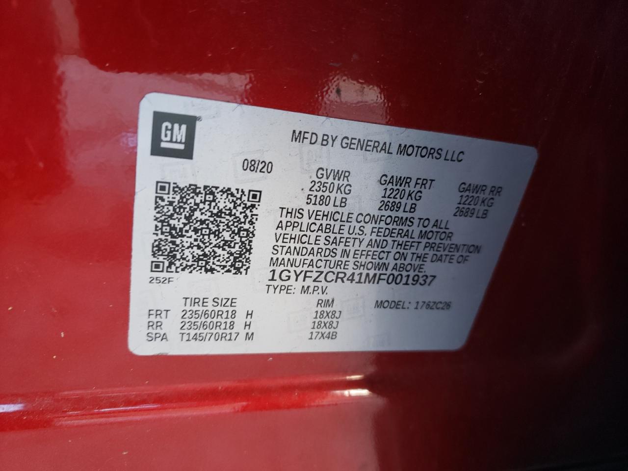 1GYFZCR41MF001937 CADILLAC XT4 2021