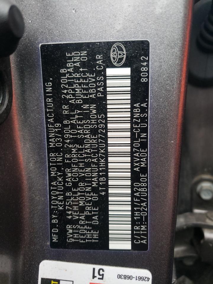 4T1B11HK7KU772925 TOYOTA CAMRY 2019