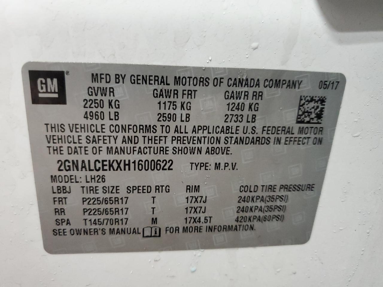 2GNALCEKXH1600622 CHEVROLET EQUINOX 2017