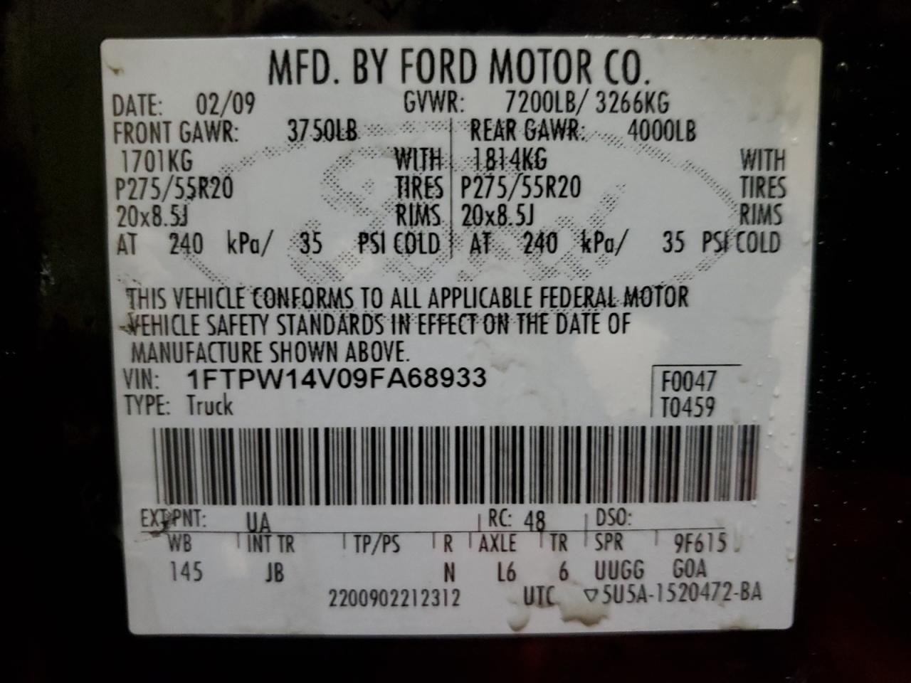 1FTPW14V09FA68933 2009 Ford F150 Supercrew