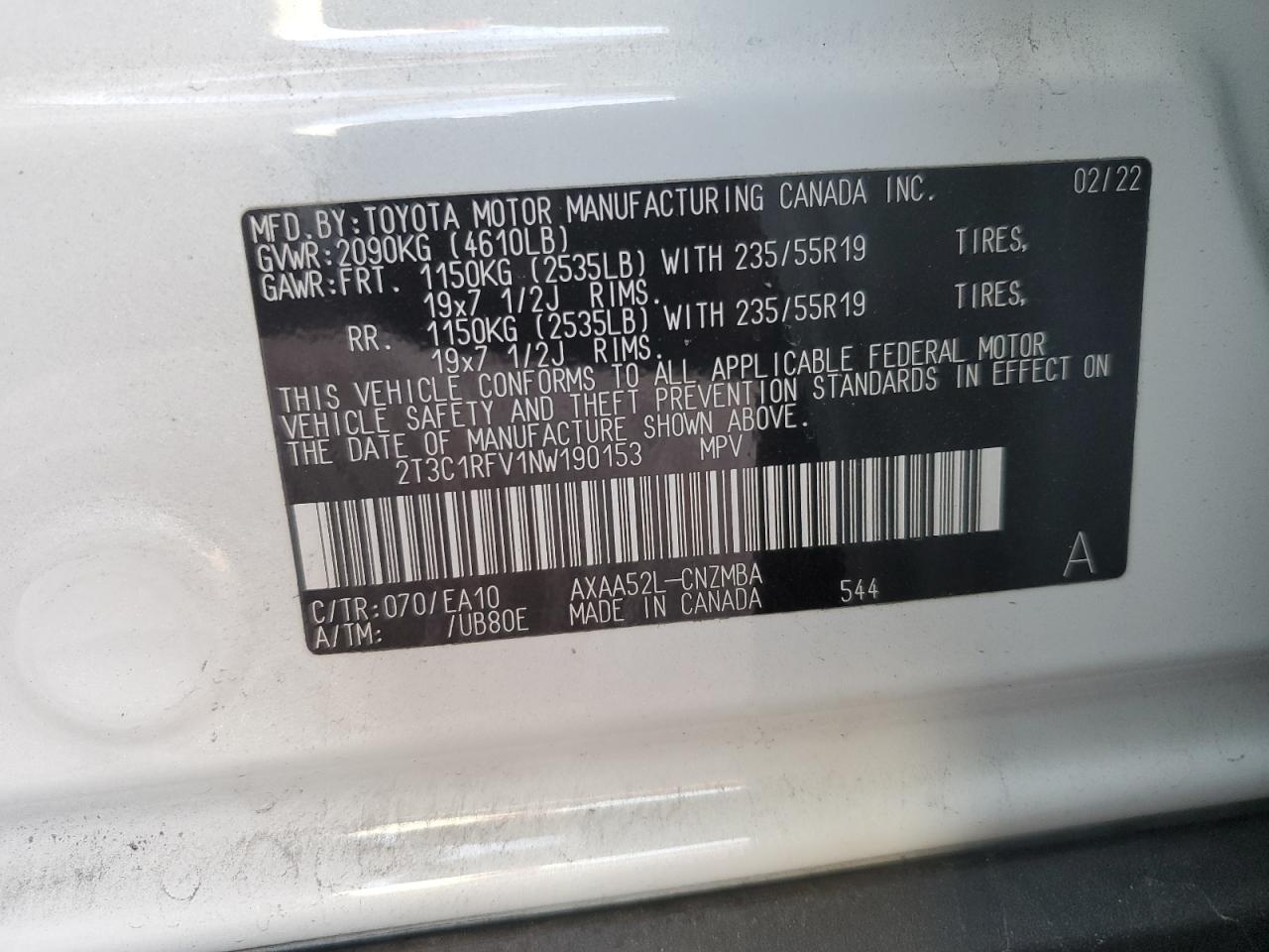 2T3C1RFV1NW190153 TOYOTA RAV4 2022