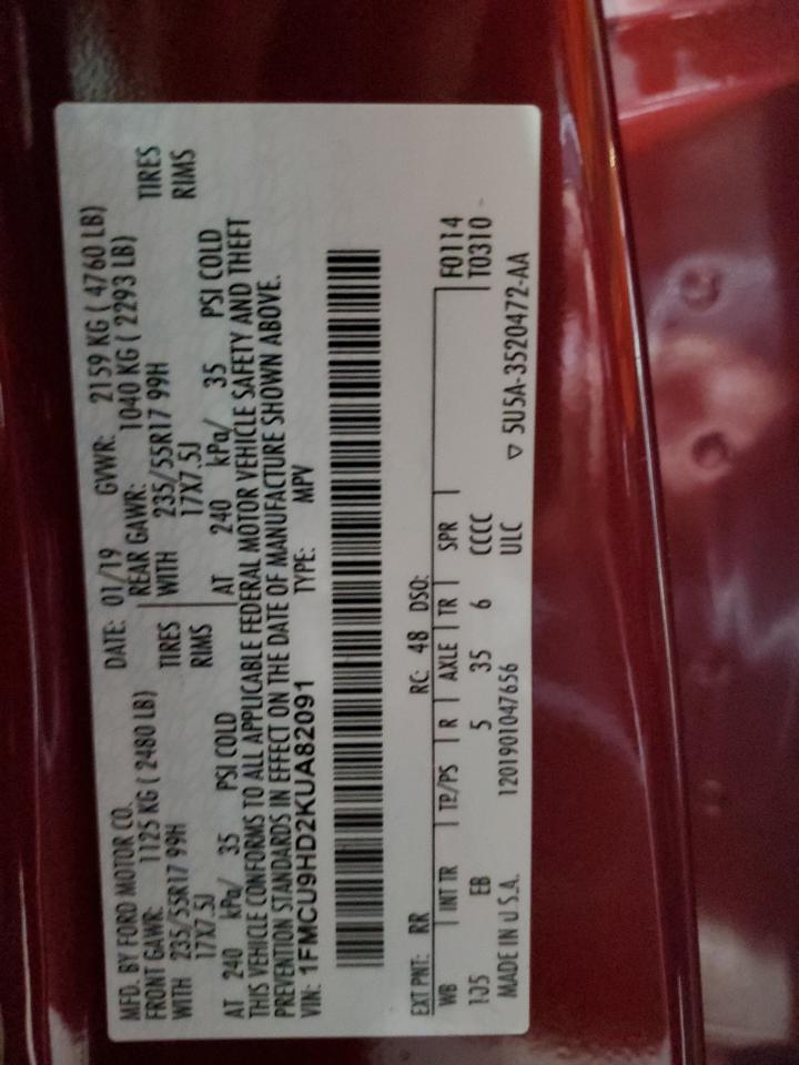 1FMCU9HD2KUA82091 FORD ESCAPE 2019
