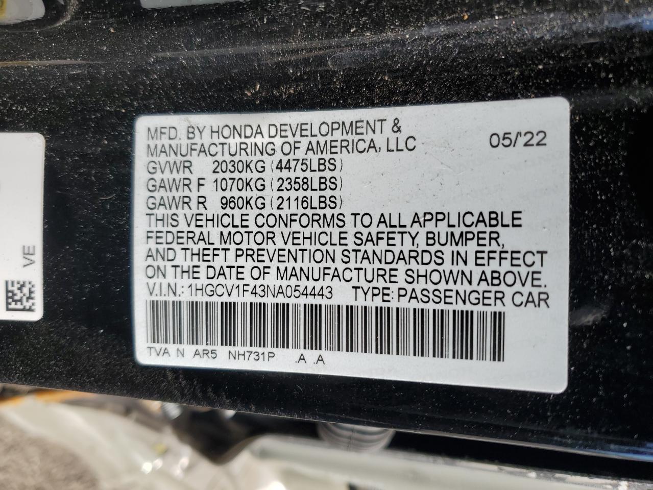 1HGCV1F43NA054443 HONDA ACCORD 2022