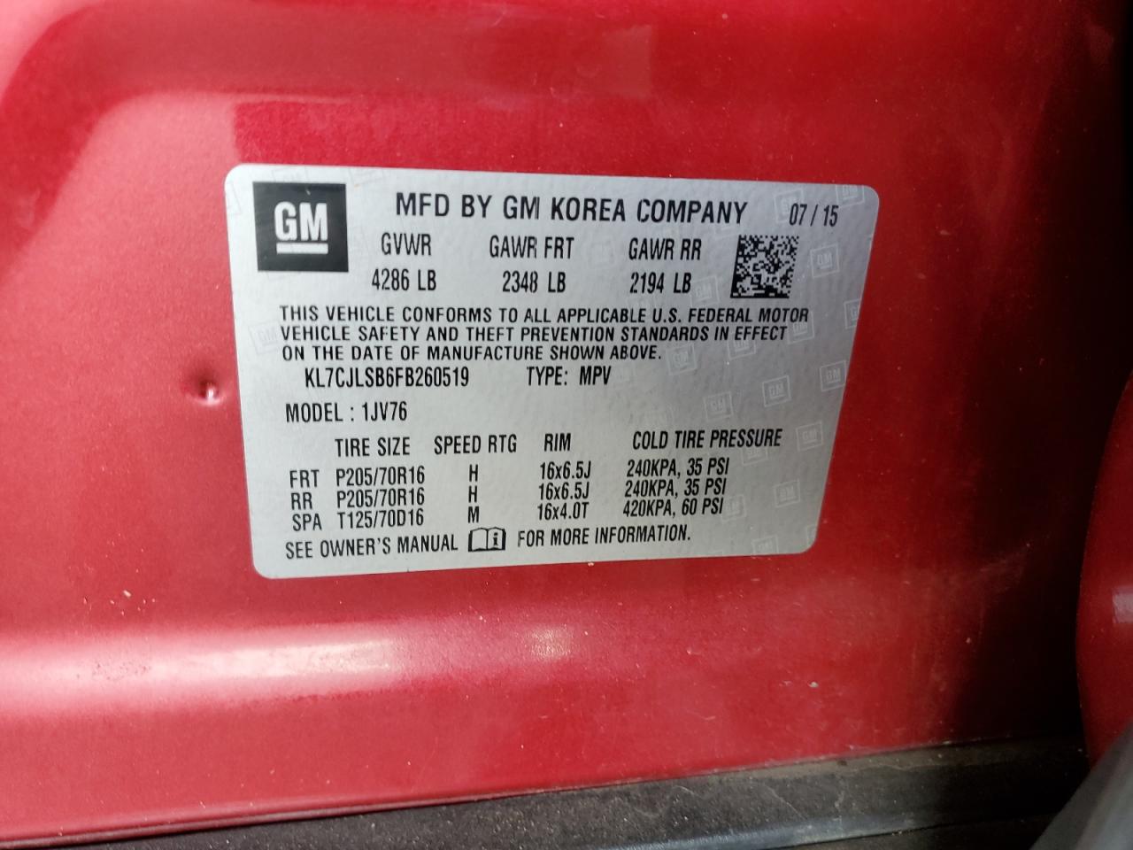 KL7CJLSB6FB260519 2015 Chevrolet Trax 1Lt